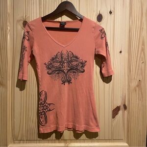Sledge Y2K Coral V-Neck Short Sleeve Top with Black Patterns & Rhinestones